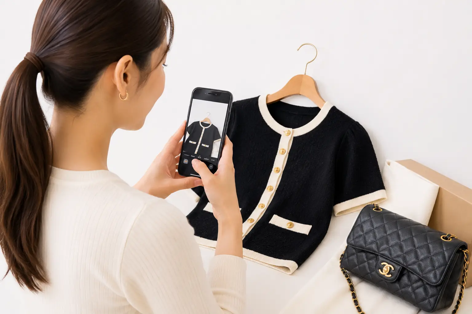 รับซื้อเสื้อผ้าแบรนด์เนม 19 ผู้หญิงกำลังถ่ายรูปเสื้อผ้าแบรนด์เนมด้วยสมาร์ทโฟนเพื่อส่งประเมินราคา พื้นหลังสีขาว