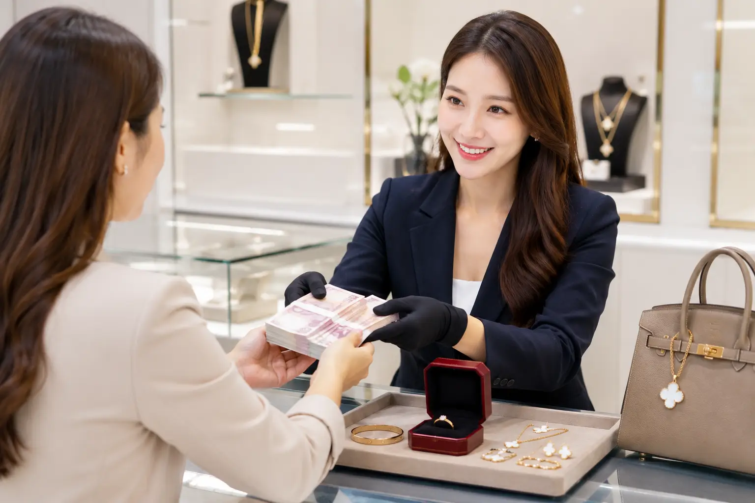 รับซื้อเครื่องประดับแบรนด์เนม 6 เจ้าหน้าที่ส่งมอบเงินสดให้ลูกค้าหลังขายเครื่องประดับแบรนด์เนมที่สาขา
