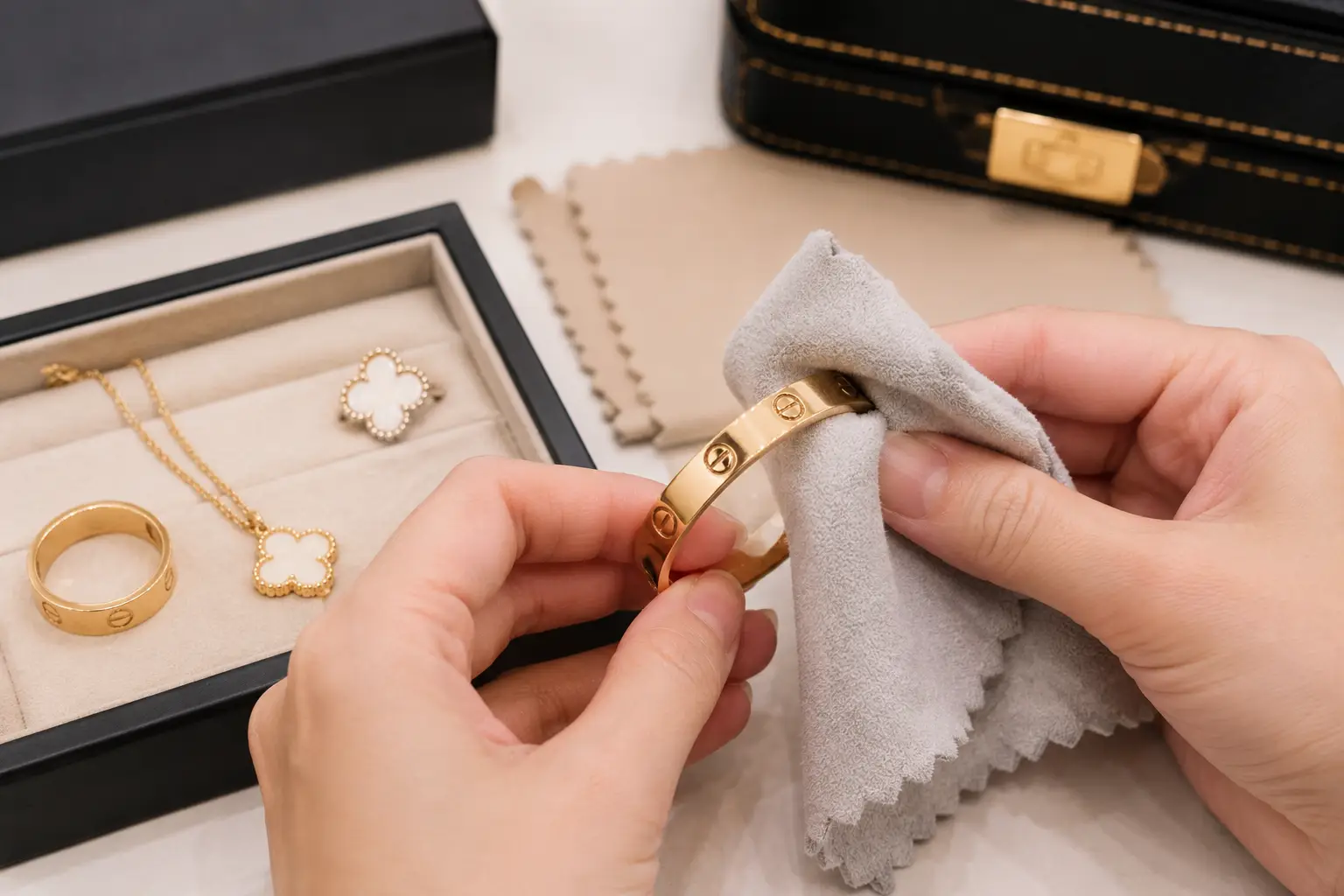 รับซื้อเครื่องประดับแบรนด์เนม 9 กำลังใช้ผ้านุ่มเช็ดทำความสะอาดเครื่องประดับแบรนด์เนมก่อนนำมาขาย