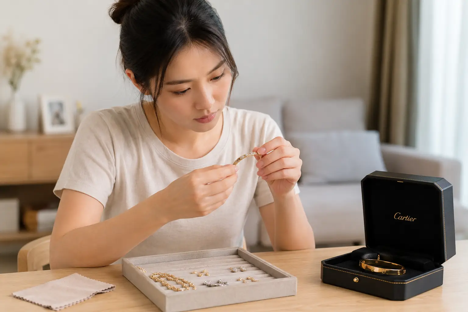 รับซื้อเครื่องประดับแบรนด์เนม 11 ลูกค้ากำลังตรวจสอบสภาพเครื่องประดับแบรนด์เนมภายในบ้านก่อนนำมาขาย