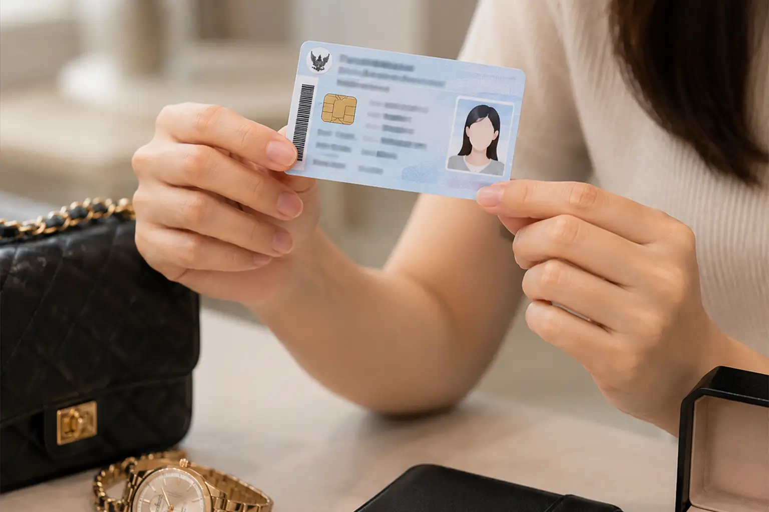 รับซื้อเครื่องประดับแบรนด์เนม 13 ลูกค้ากำลังเตรียมบัตรประชาชนเพื่อยืนยันตัวตนก่อนขายเครื่องประดับแบรนด์เนม