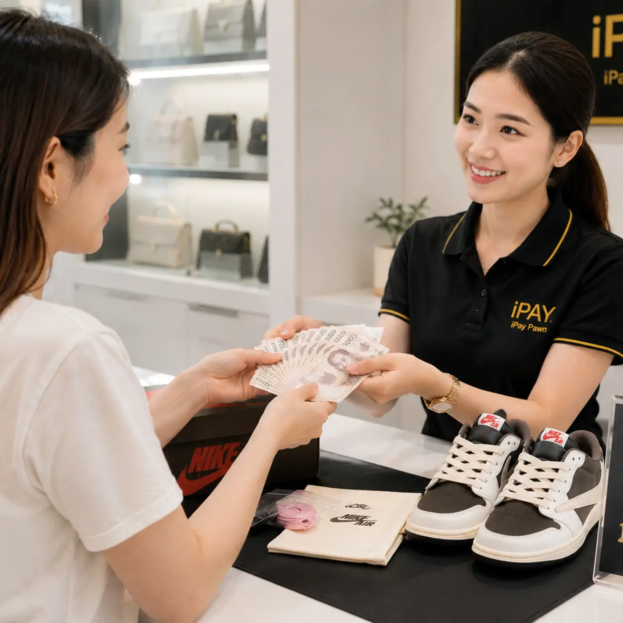 รับซื้อรองเท้าแบรนด์เนม 33 เจ้าหน้าที่กำลังส่งมอบเงินสดไทยให้ลูกค้าหลังตกลงราคารับซื้อรองเท้าแบรนด์เนมเรียบร้อย ภายในร้านบรรยากาศสะอาดและเป็นมืออาชีพ