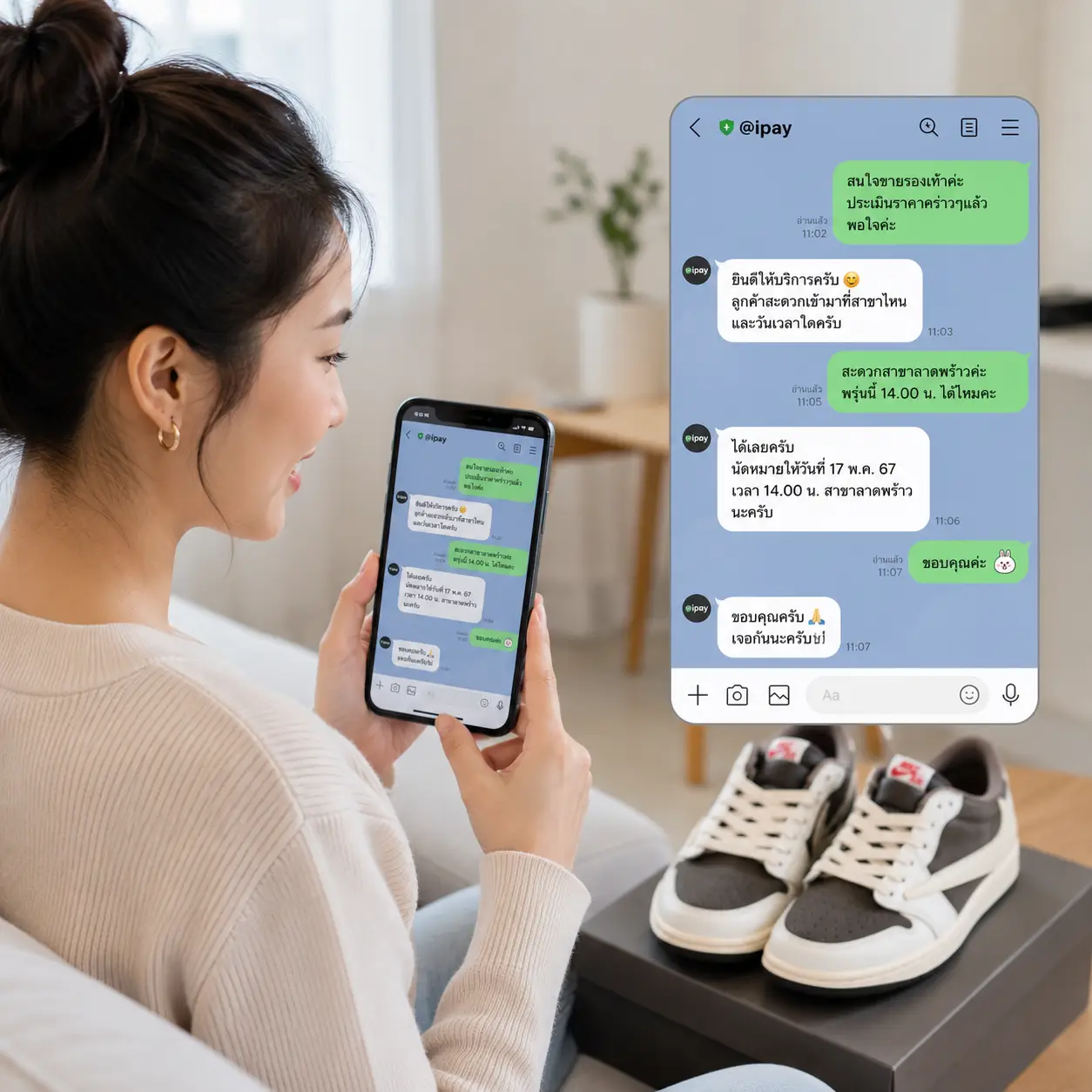 รับซื้อรองเท้าแบรนด์เนม 31 ลูกค้ากำลังพูดคุยผ่าน LINE เพื่อนัดหมายเข้ามาขายรองเท้าแบรนด์เนมกับร้าน โดยมีรองเท้าวางอยู่บนโต๊ะในบ้าน