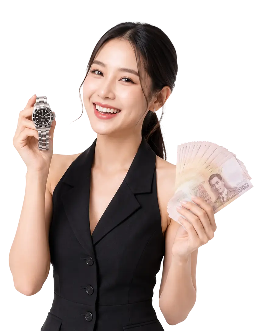 ผู้หญิงเอเชียยิ้มดีใจ ถือนาฬิกาแบรนด์เนมและเงินสด หลังขายนาฬิกาให้ร้านรับซื้อ