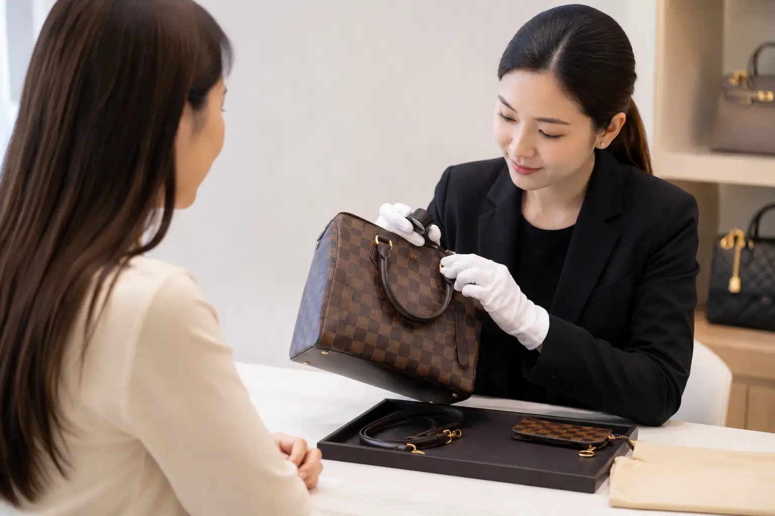 รับซื้อกระเป๋าแบรนด์เนม 15 ทีมงานตรวจสอบรุ่น สภาพ และอุปกรณ์ พร้อมเสนอราคาตามมูลค่าตลาด