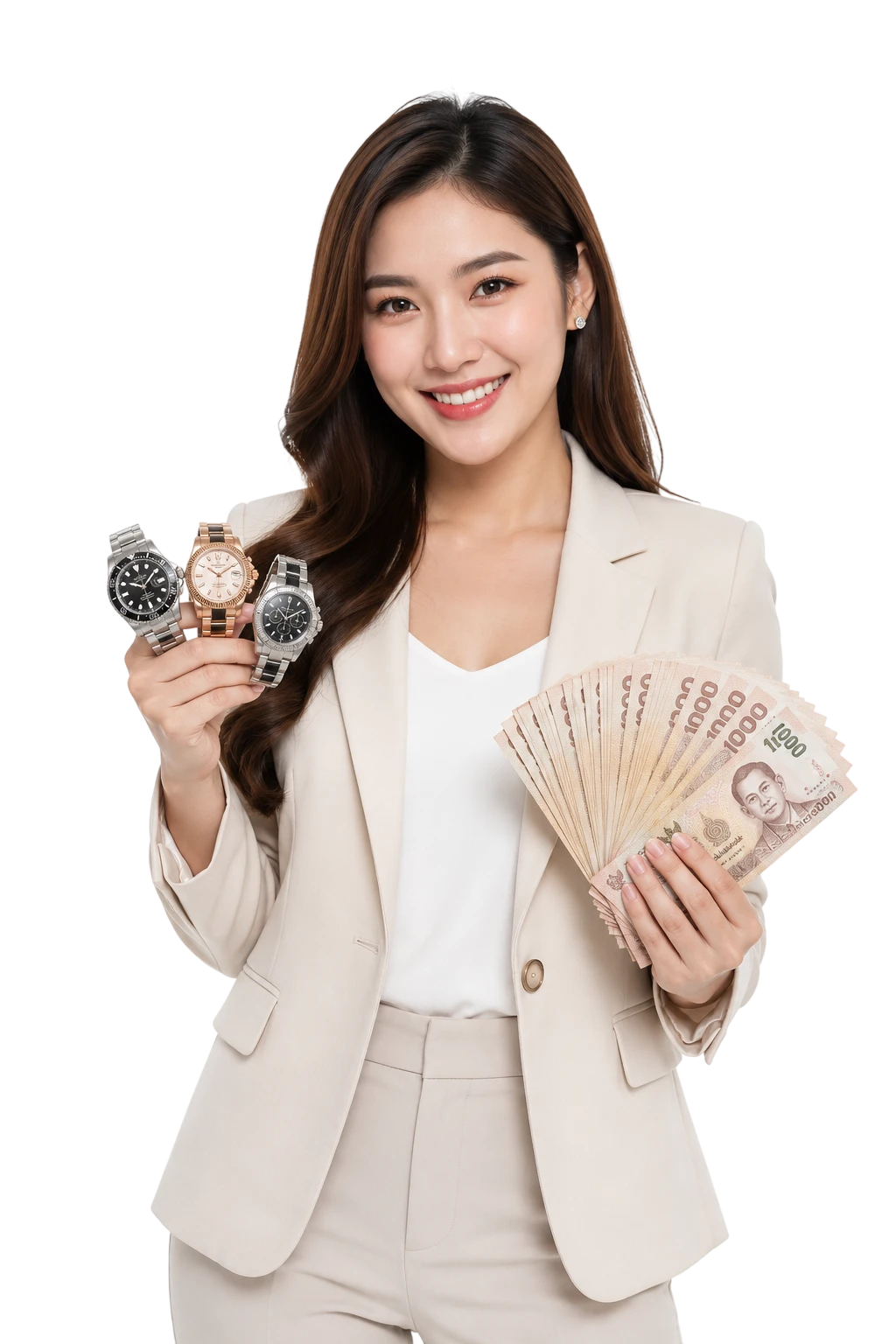 พนักงานผู้หญิงถือนาฬิกาแบรนด์เนมหลายเรือนพร้อมเงินสดไทย สำหรับบริการรับซื้อนาฬิกาแบรนด์เนม